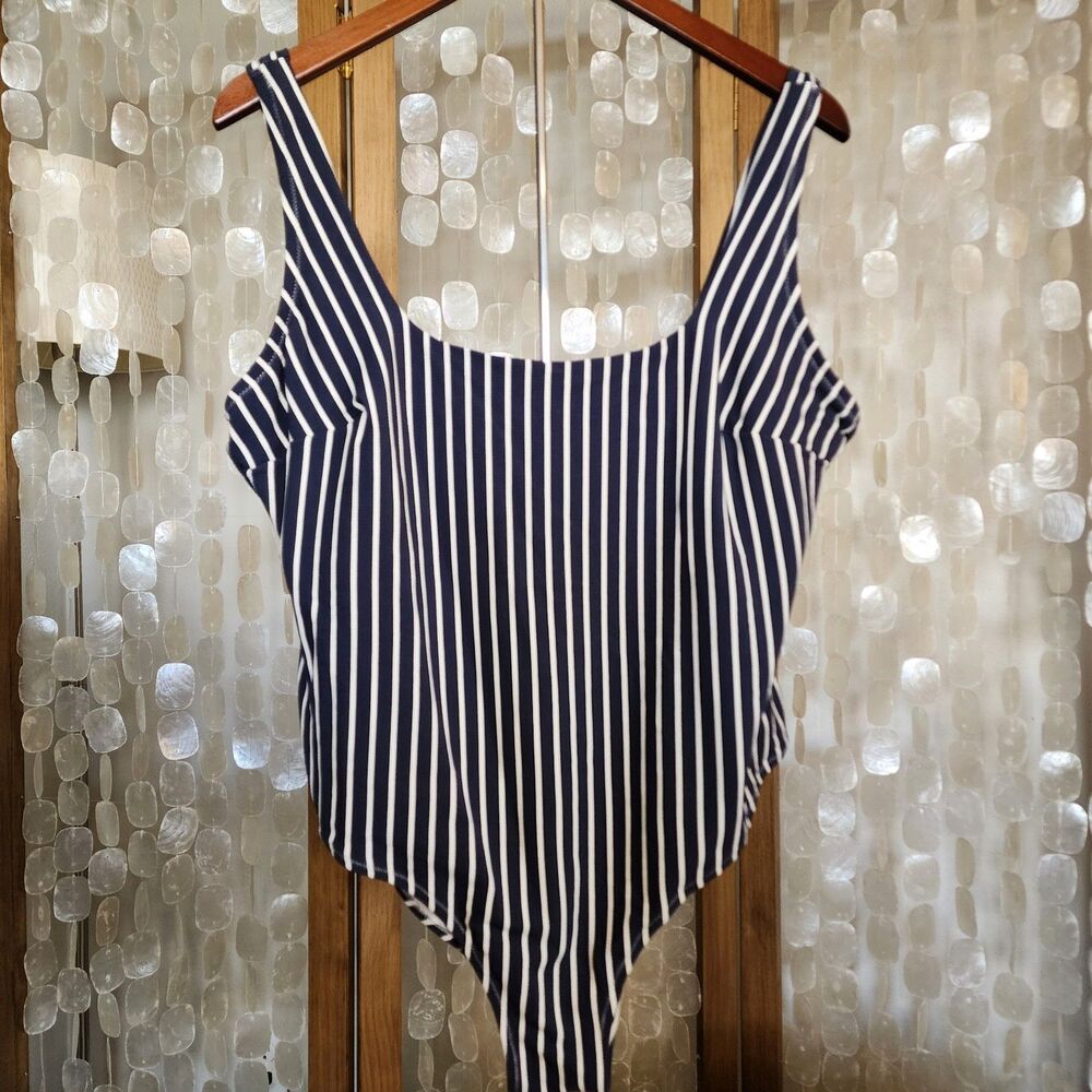 H&M Swimsuit Womens 2XL Blue White Stripe Padded One Piece Swimwear Tie Straps
